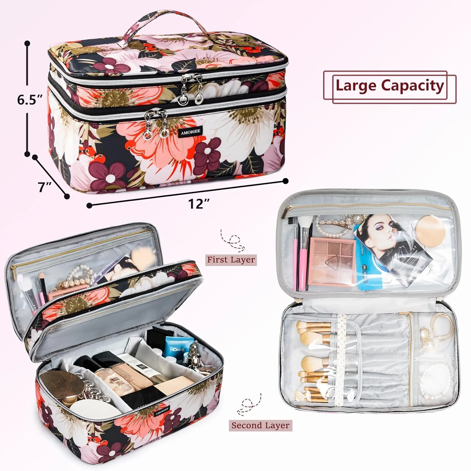 AMOIGEE Large Travel Makeup Bag Organizer, Double Layer Train Case, Toiletry Bag for Makeup Brushes, Full Size Bottles, Palettes Sponge, Cosmetic, Peonnies.