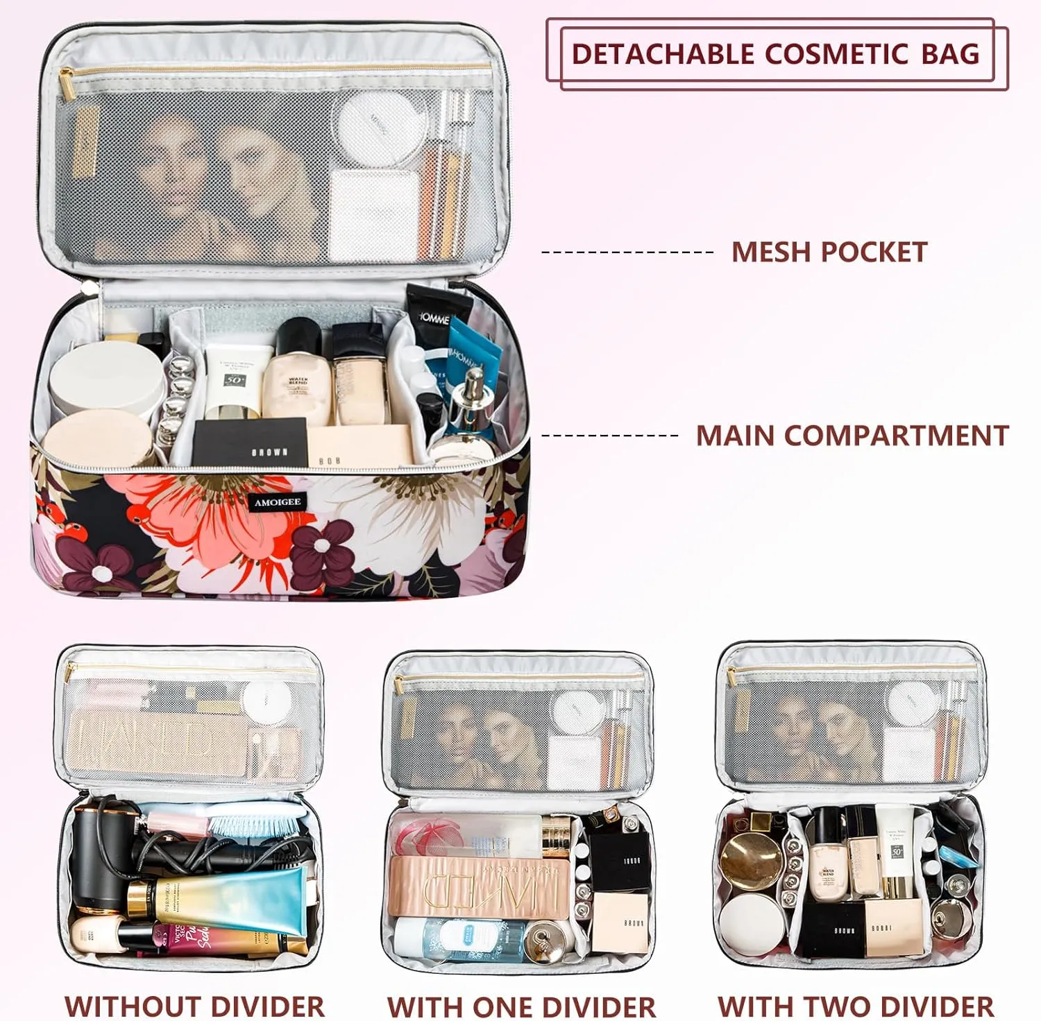 AMOIGEE Large Travel Makeup Bag Organizer, Double Layer Train Case, Toiletry Bag for Makeup Brushes, Full Size Bottles, Palettes Sponge, Cosmetic, Peonnies.