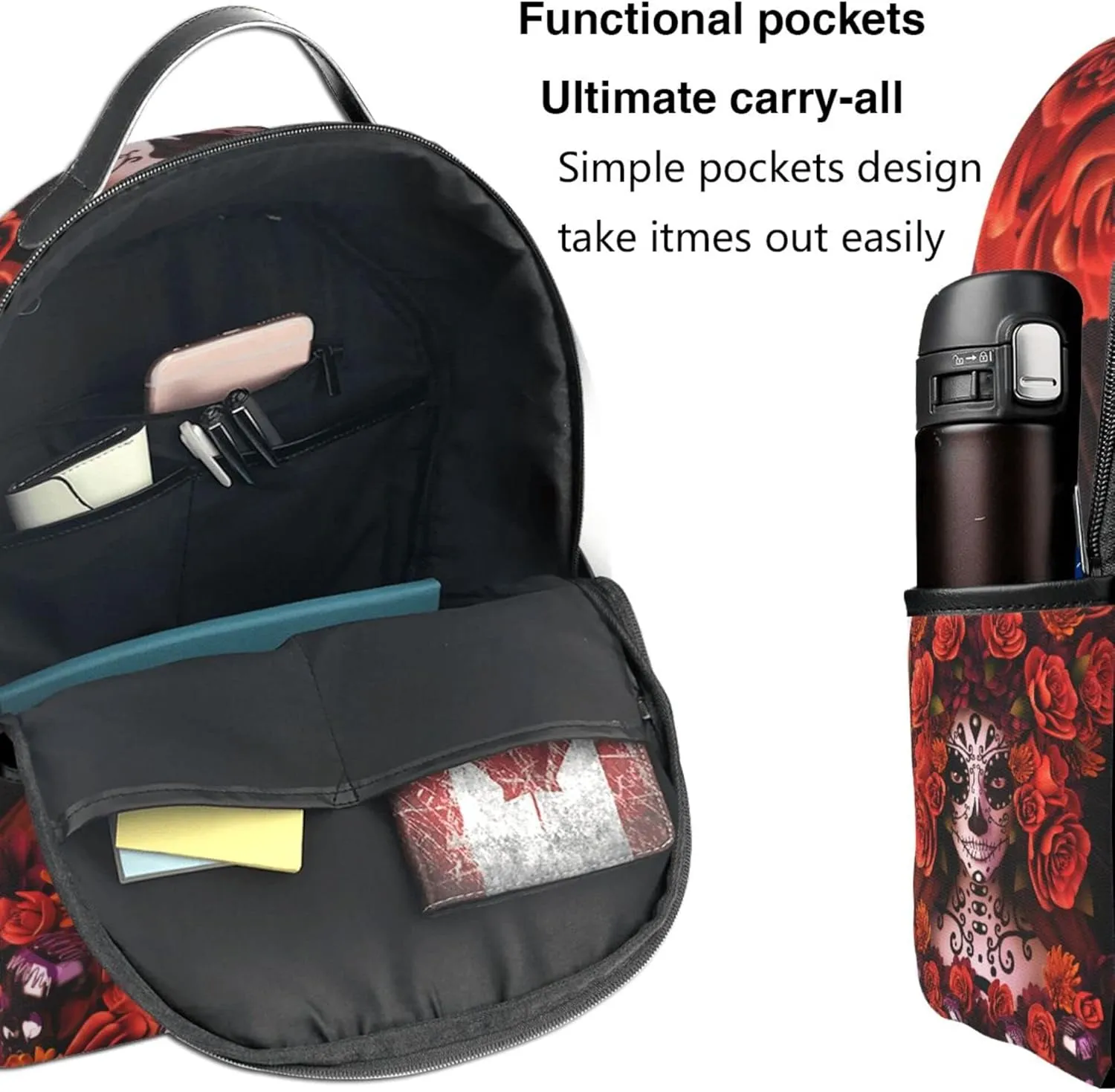 AMRANDOM Travel Backpack for Women Men Sugar Skulls And Roses Day Of Dead School College Backpack Adjustable
