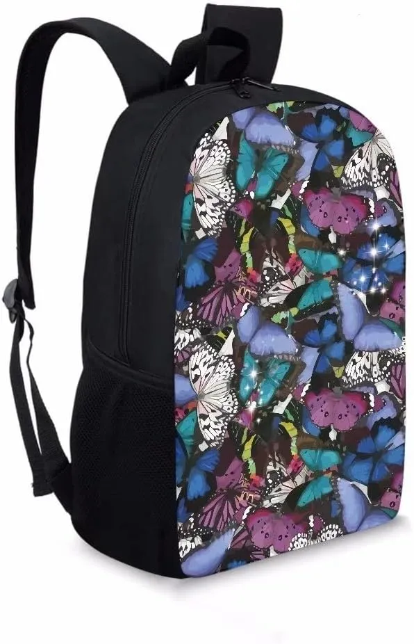 AmzPrint Fashion Vintage Butterfly Book Bags For Kids Girls Casual Black Shoulder 17 Inch Laptop Womens Backpack