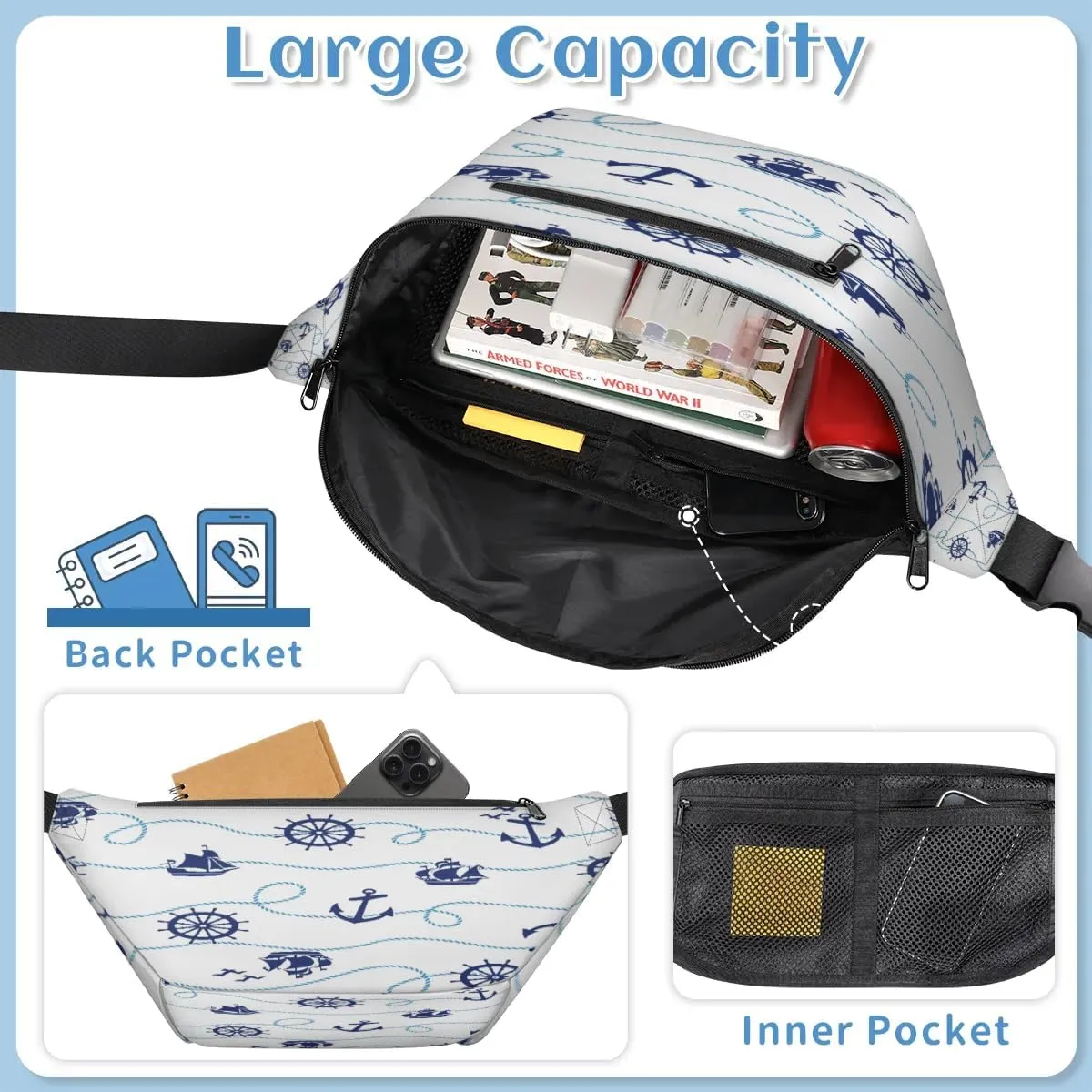 Anchor Rudder Sailboat Crossbody Sling Bag for Women Men Crossbody Backpack with 4 Zipper Pockets Fanny Pack Shoulder Casual Daypack for Travel Running Hiking Cycling