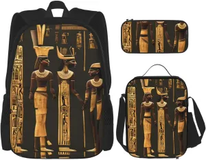 Ancient Egyptian Hieroglyph Print Pencil Case Lightweight Casual Fashion Backpack Lunch Bag Large Capacity Travel Bag