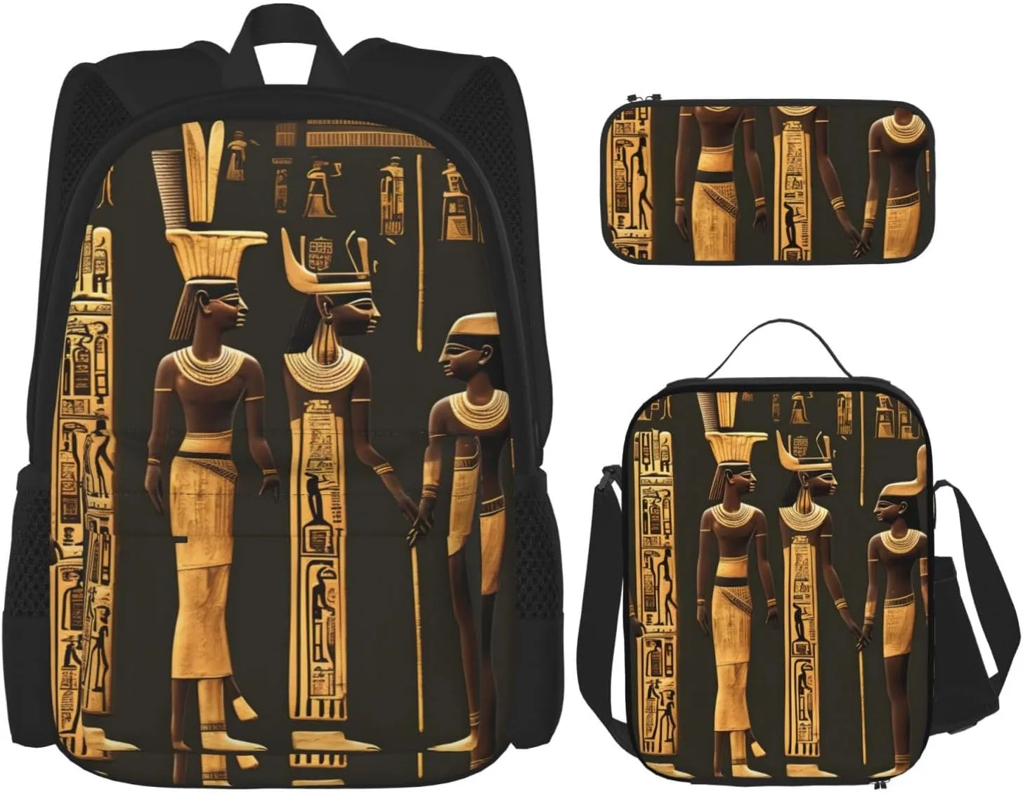 Ancient Egyptian Hieroglyph Print Pencil Case Lightweight Casual Fashion Backpack Lunch Bag Large Capacity Travel Bag