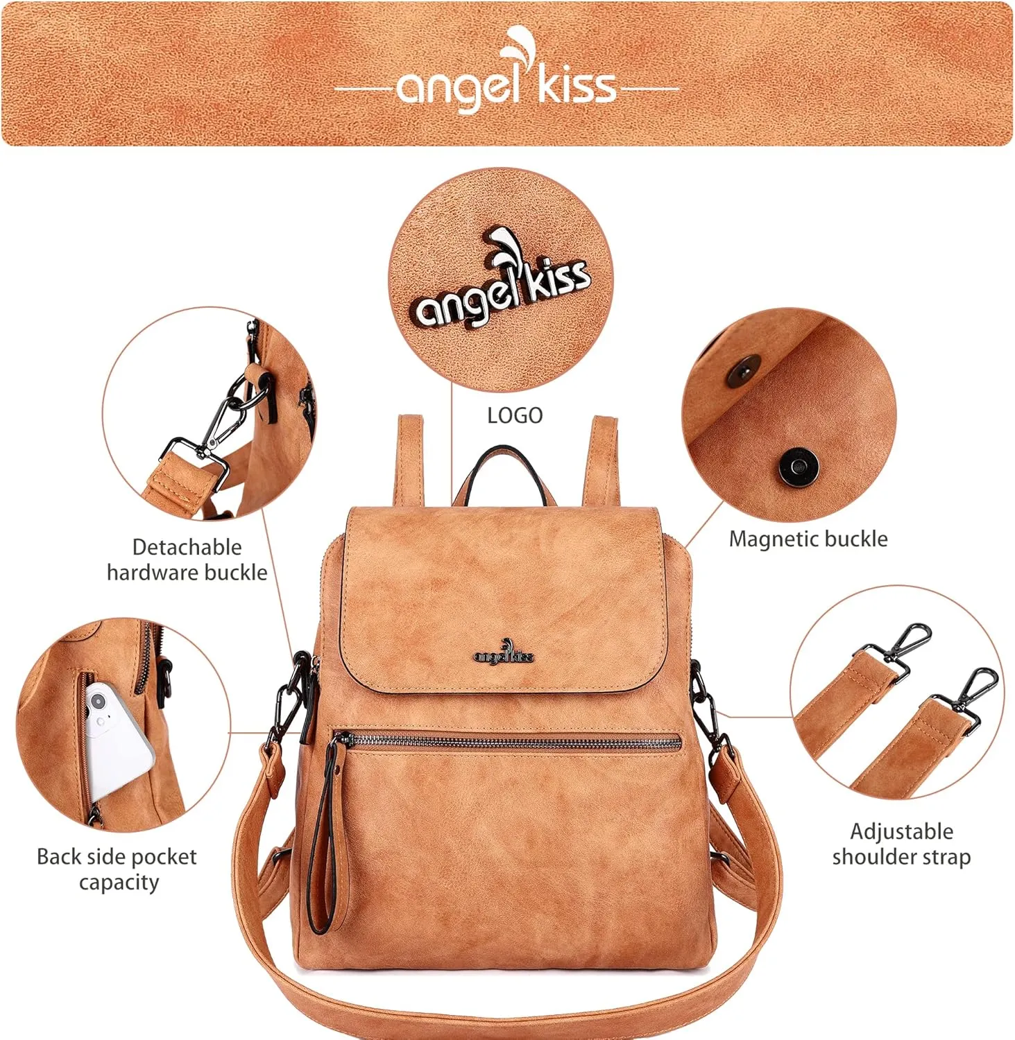 Angel Kiss Backpack Purse for Women Casual Fashion Vegan Leather Shoulder Bag Ladies Zipper Magnetic Flap Backpack