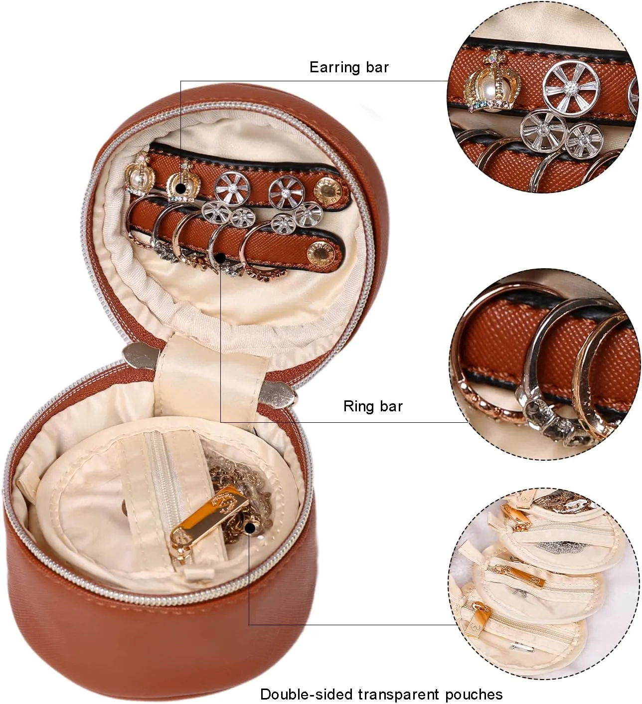 Angelina's Palace Round Jewelry Organizer Case Travel Bag Bridesmaid Gifts Vegan Leather Box for Necklace Earring Bracelet Ring(bran)