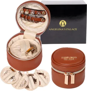 Angelina's Palace Round Jewelry Organizer Case Travel Bag Bridesmaid Gifts Vegan Leather Box for Necklace Earring Bracelet Ring(bran)