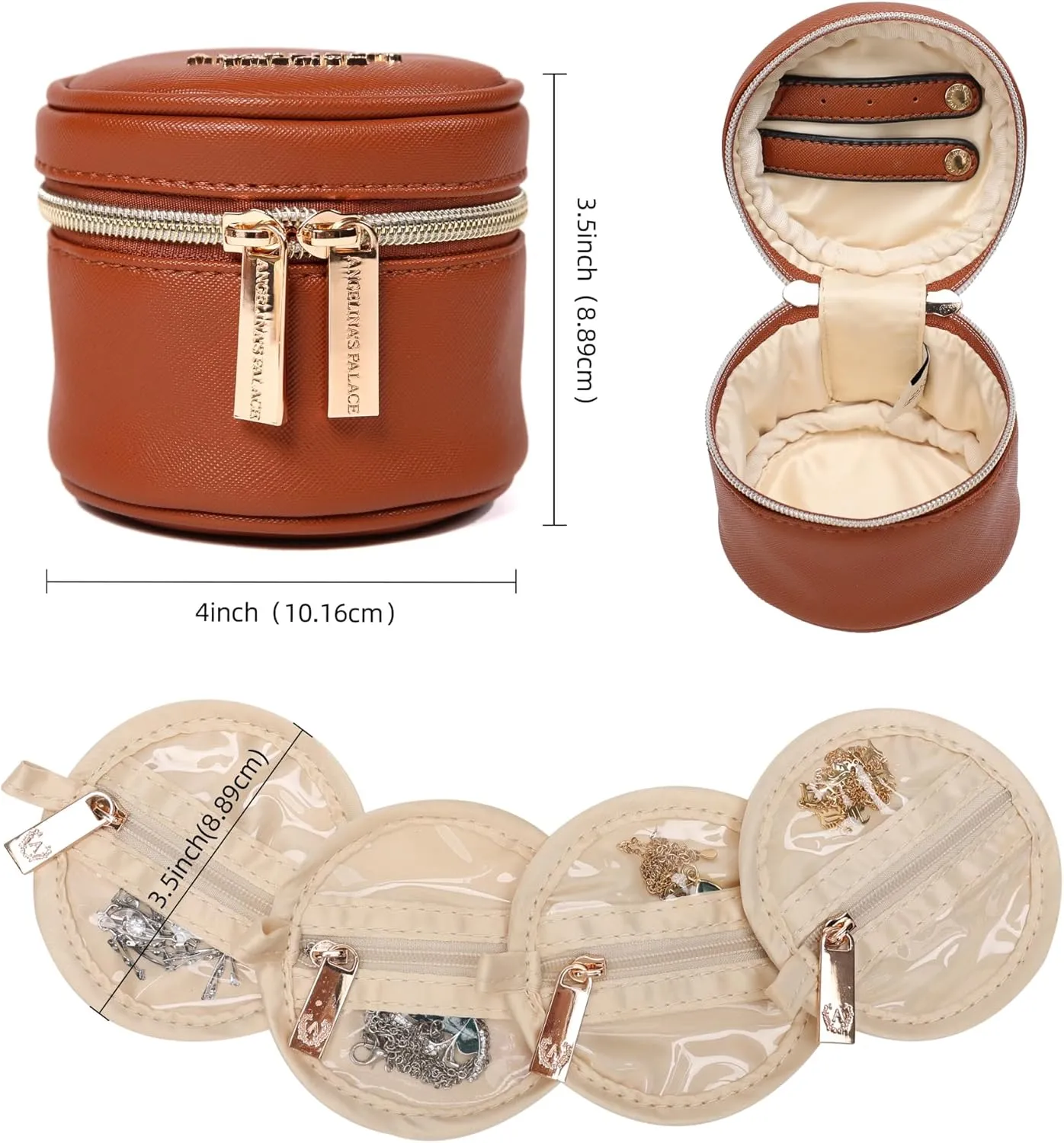 Angelina's Palace Round Jewelry Organizer Case Travel Bag Bridesmaid Gifts Vegan Leather Box for Necklace Earring Bracelet Ring(bran)