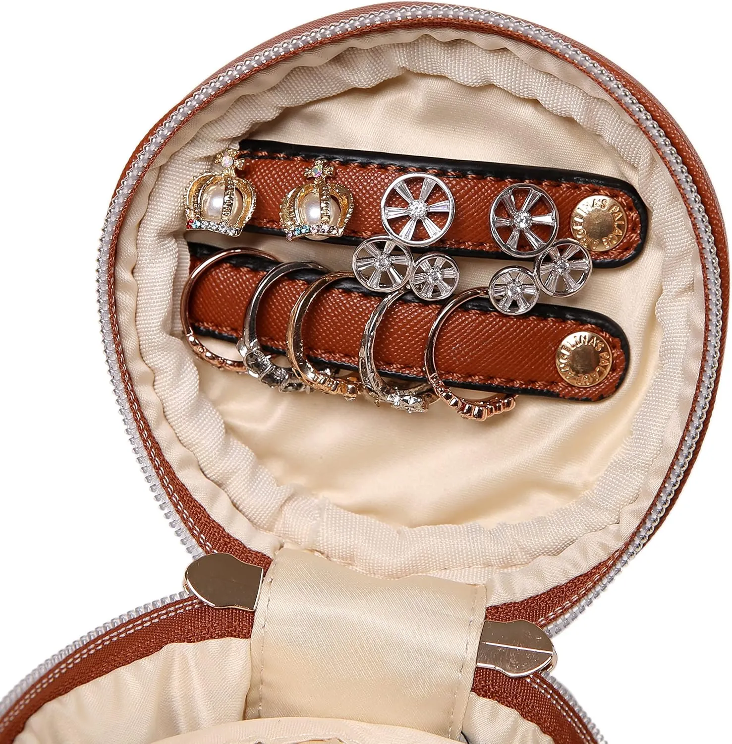 Angelina's Palace Round Jewelry Organizer Case Travel Bag Bridesmaid Gifts Vegan Leather Box for Necklace Earring Bracelet Ring(bran)
