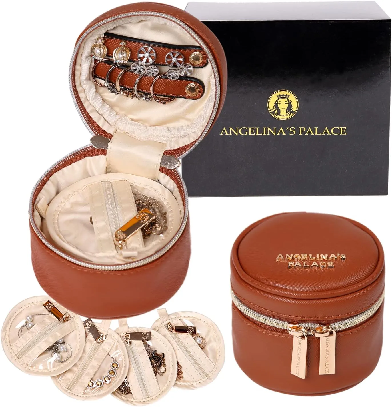Angelina's Palace Round Jewelry Organizer Case Travel Bag Bridesmaid Gifts Vegan Leather Box for Necklace Earring Bracelet Ring(bran)
