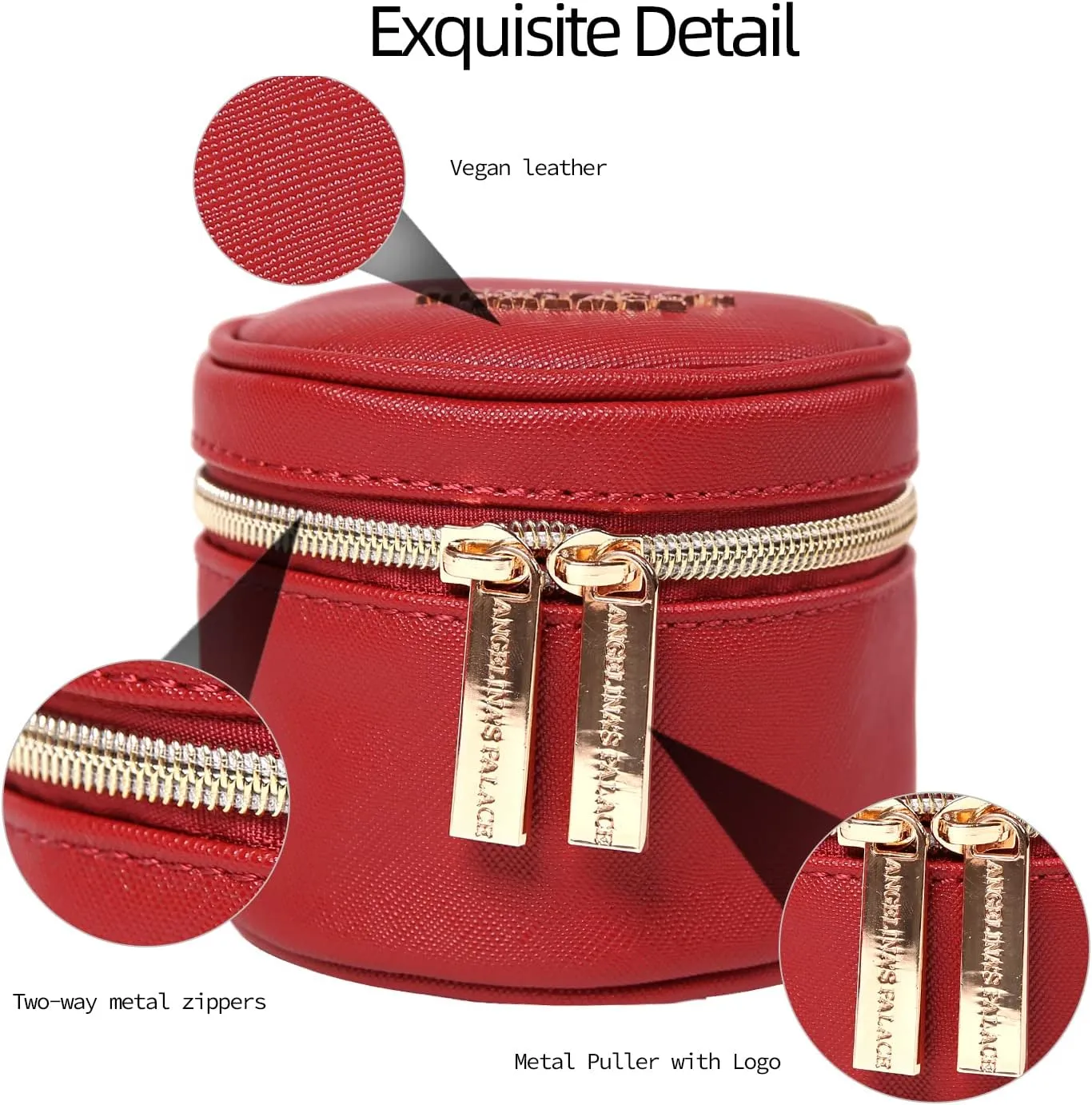 Angelina's Palace Round Jewelry Organizer Case Travel Bag Bridesmaid Gifts Vegan Leather Box for Necklace Earring Bracelet Ring(brandy)