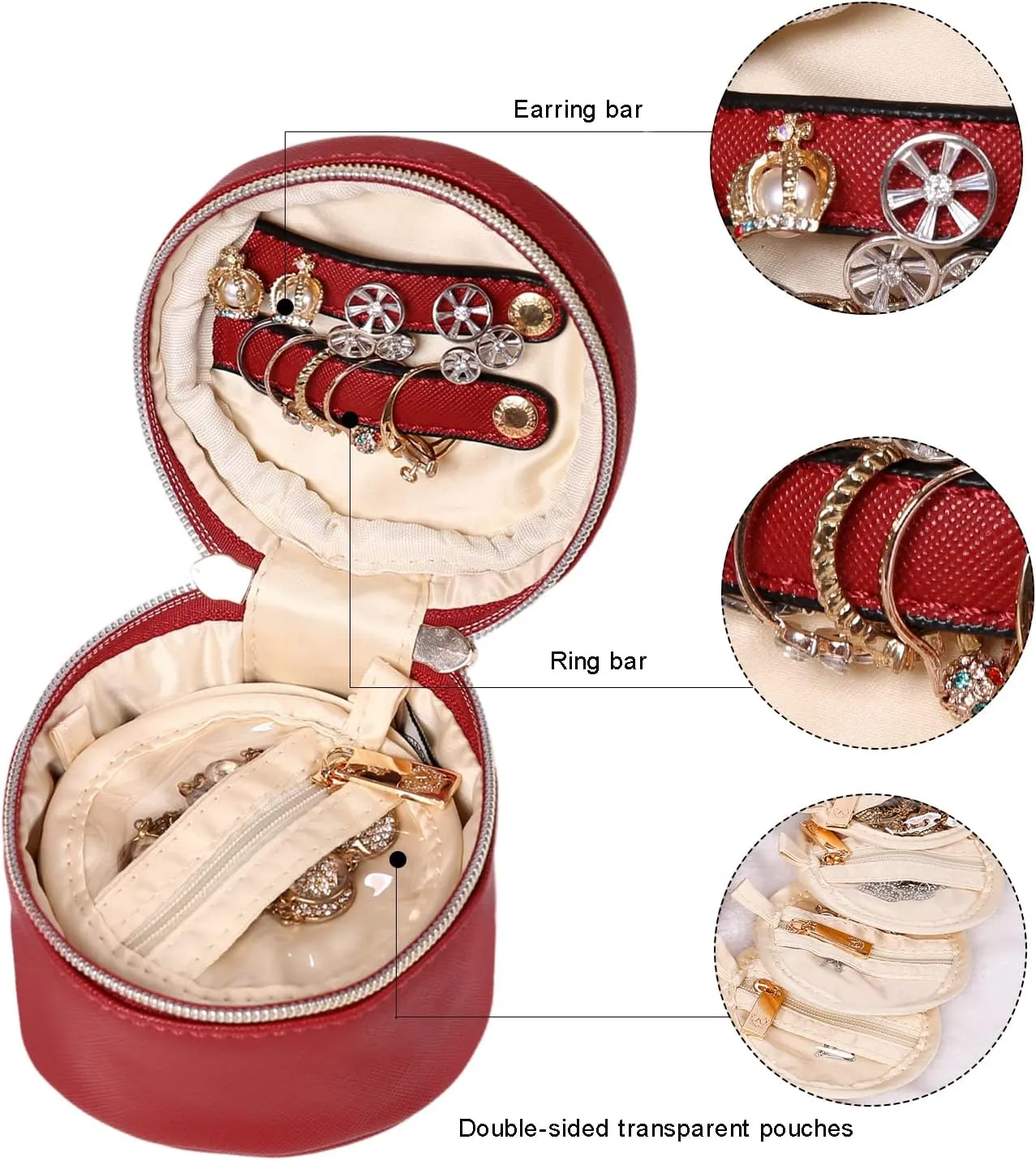 Angelina's Palace Round Jewelry Organizer Case Travel Bag Bridesmaid Gifts Vegan Leather Box for Necklace Earring Bracelet Ring(brandy)