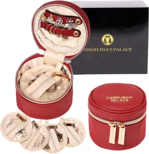 Angelina's Palace Round Jewelry Organizer Case Travel Bag Bridesmaid Gifts Vegan Leather Box for Necklace Earring Bracelet Ring(brandy)