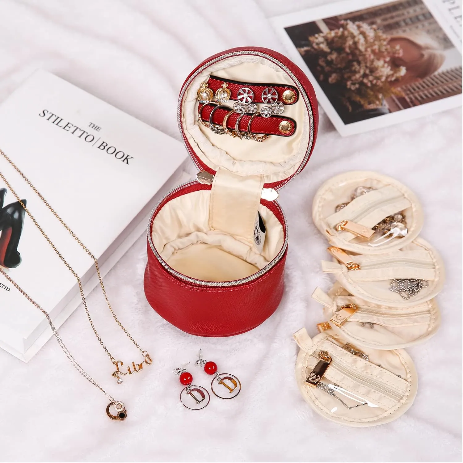 Angelina's Palace Round Jewelry Organizer Case Travel Bag Bridesmaid Gifts Vegan Leather Box for Necklace Earring Bracelet Ring(brandy)