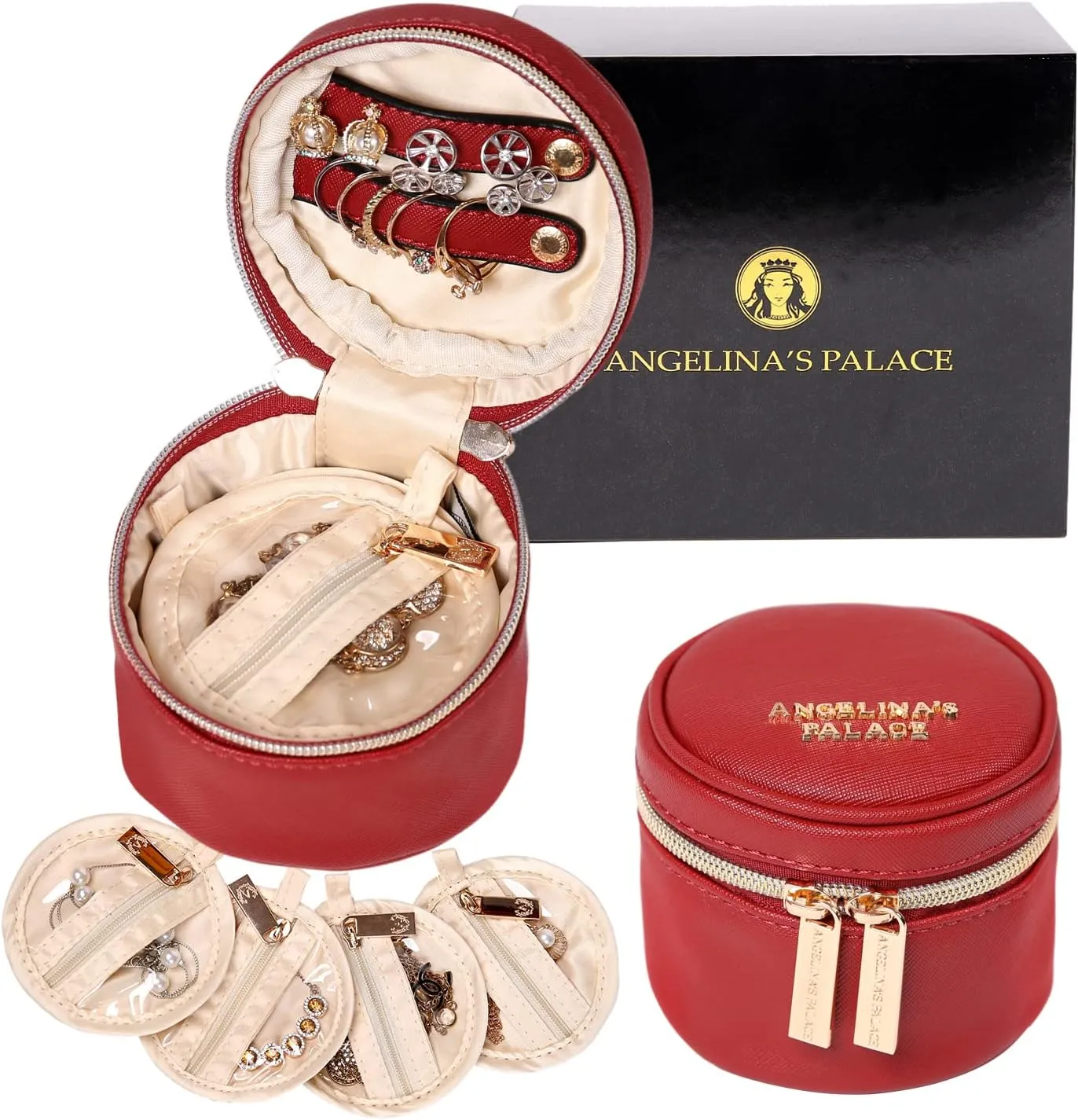 Angelina's Palace Round Jewelry Organizer Case Travel Bag Bridesmaid Gifts Vegan Leather Box for Necklace Earring Bracelet Ring(brandy)