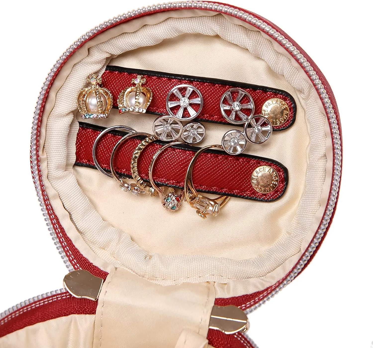 Angelina's Palace Round Jewelry Organizer Case Travel Bag Bridesmaid Gifts Vegan Leather Box for Necklace Earring Bracelet Ring(brandy)