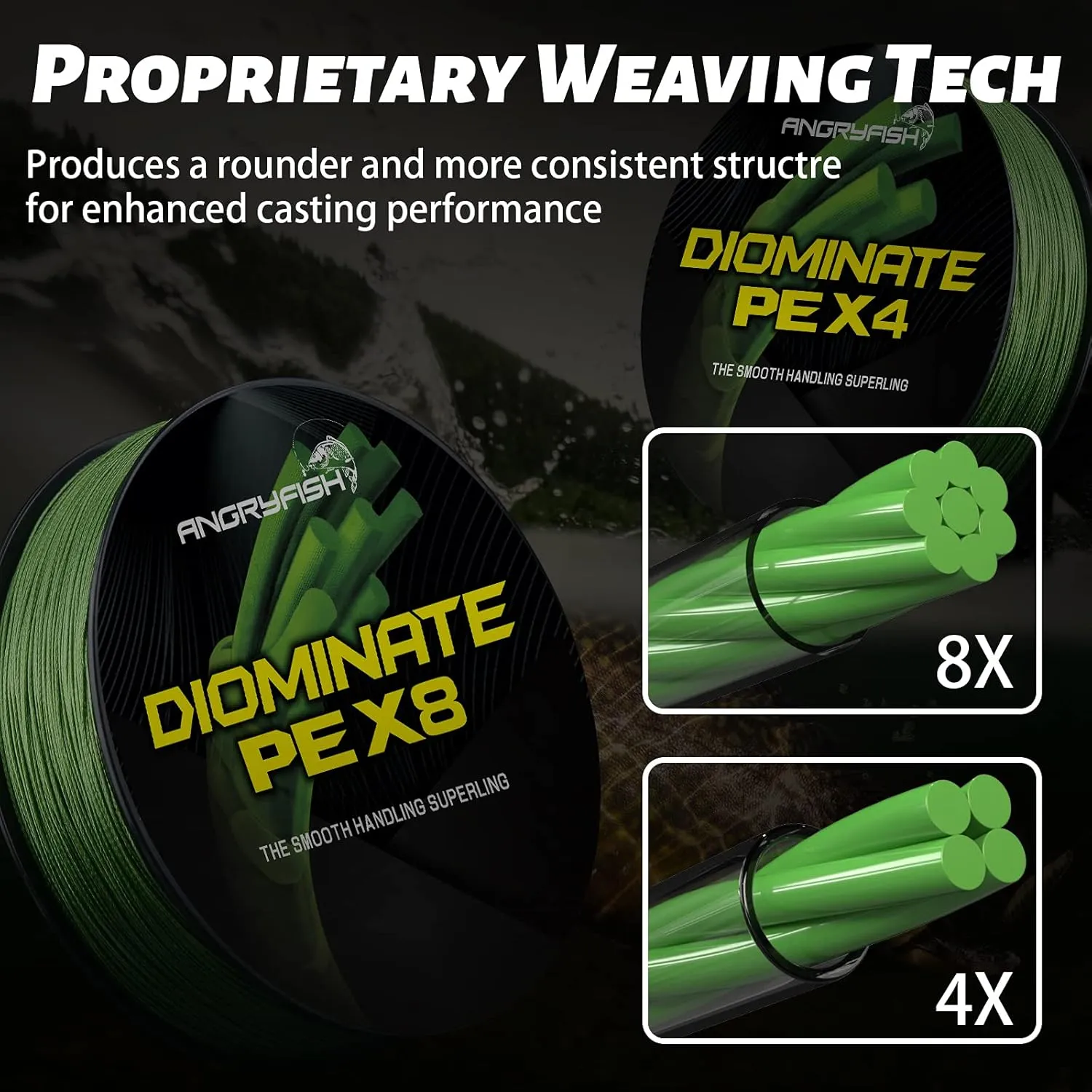 ANGRYFISH Diominate PE 4 & 8 Strands Braided Fishing Line–Abrasion Resistant Superline–Zero Stretch–Excellent Tensile Smooth–High Value(5LB-200LB)