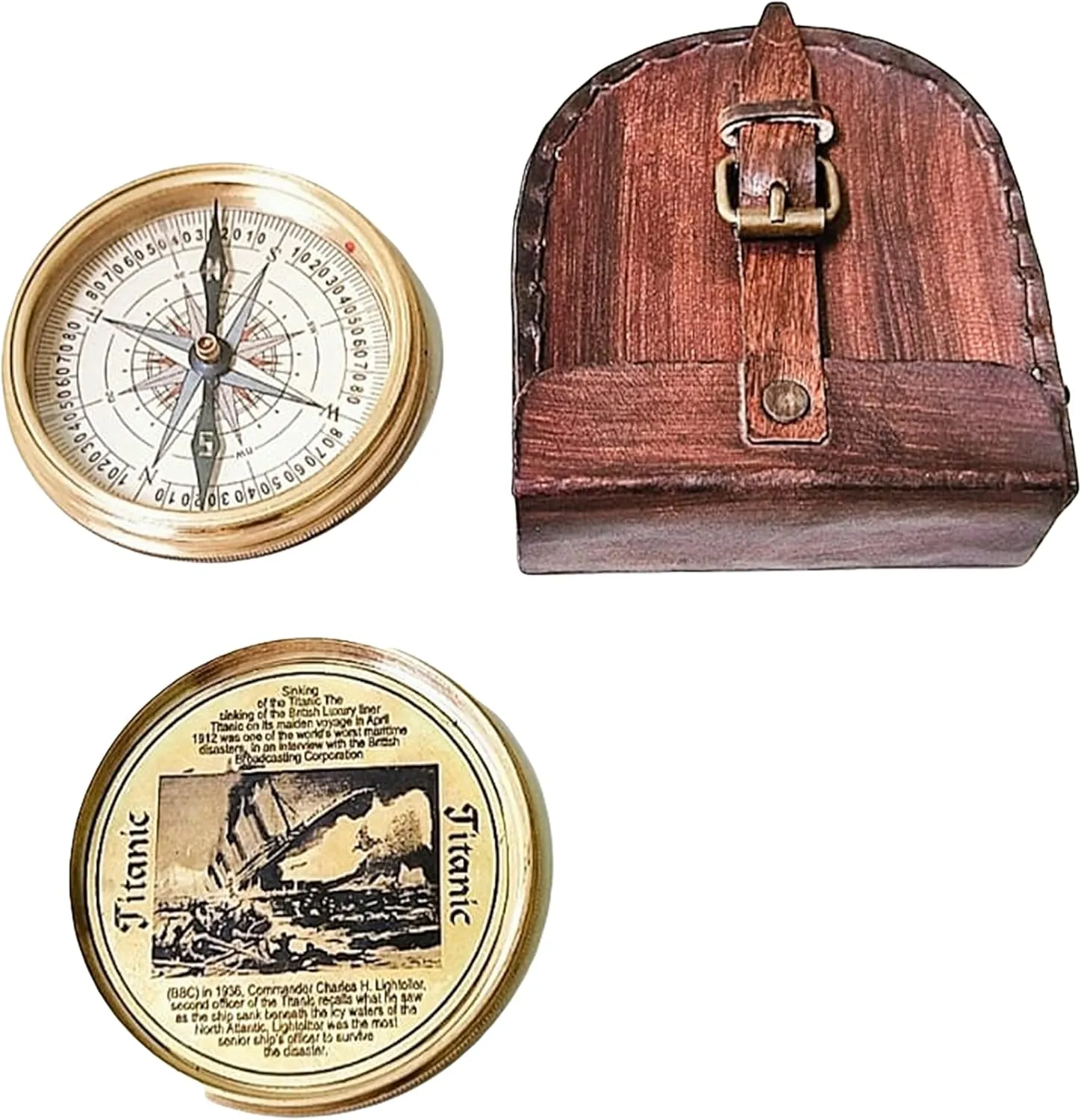 Antique Nautical Engraved Brass Compass with Brown Leather Case Directional Maritime Navigational Pocket Compass Tool for Hiking Trekking Travelling & Camping by NOBLE METAL STORE