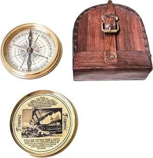 Antique Nautical Engraved Brass Compass with Brown Leather Case Directional Maritime Navigational Pocket Compass Tool for Hiking Trekking Travelling & Camping by NOBLE METAL STORE