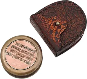 Antique Nautical Engraved Round Brass Golden Compass with Brown Leather Case Directional Maritime Navigational Pocket Compass Tool for Hiking Trekking Travelling & Camping by DOLLOND LONDONE1920