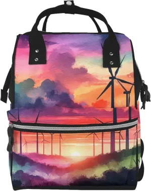Augenstern Waterproof Watercolor-Wind-Turbines Large Capacity Backpack For Moms, Multi-Function Canvas Parent Bag Weekender Backpack