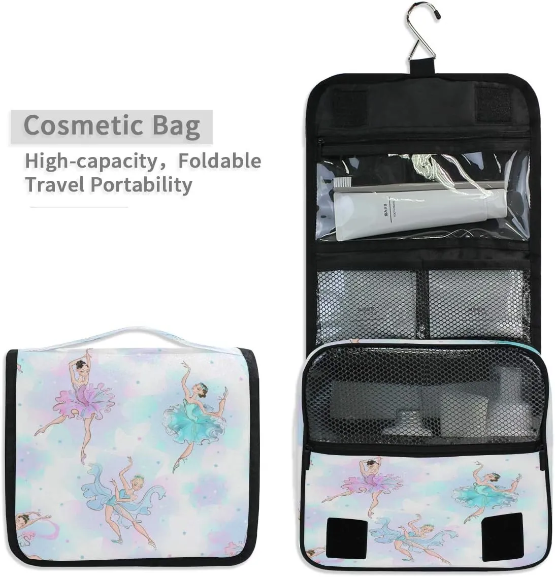 AUUXVA Travel Toiletry Bag Watercolor Ballet Girl Ballerina Cosmetic Organizer Bag Hanging Makeup Bag with Zipper Pocket and Handle, Portable Wash Bag for Women Men Girls
