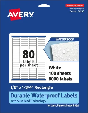Avery Durable Waterproof Rectangle Labels with Sure Feed, 0.5" x 1.75", 8,000 Oil and Tear-Resistant Labels, Laser/Pigment-Based Inkjet Printable
