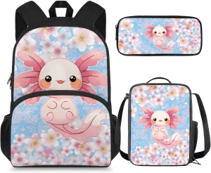 Axolotl Backpack and Lunch Box for Girls 3-4/5-6/6-8 Cherry Blossom Bookbags for 1st Grade Preppy Elementary School Book Bags Lunchbox Pencil Case Kids Back Pack Lunch Bag Set Schoolbag