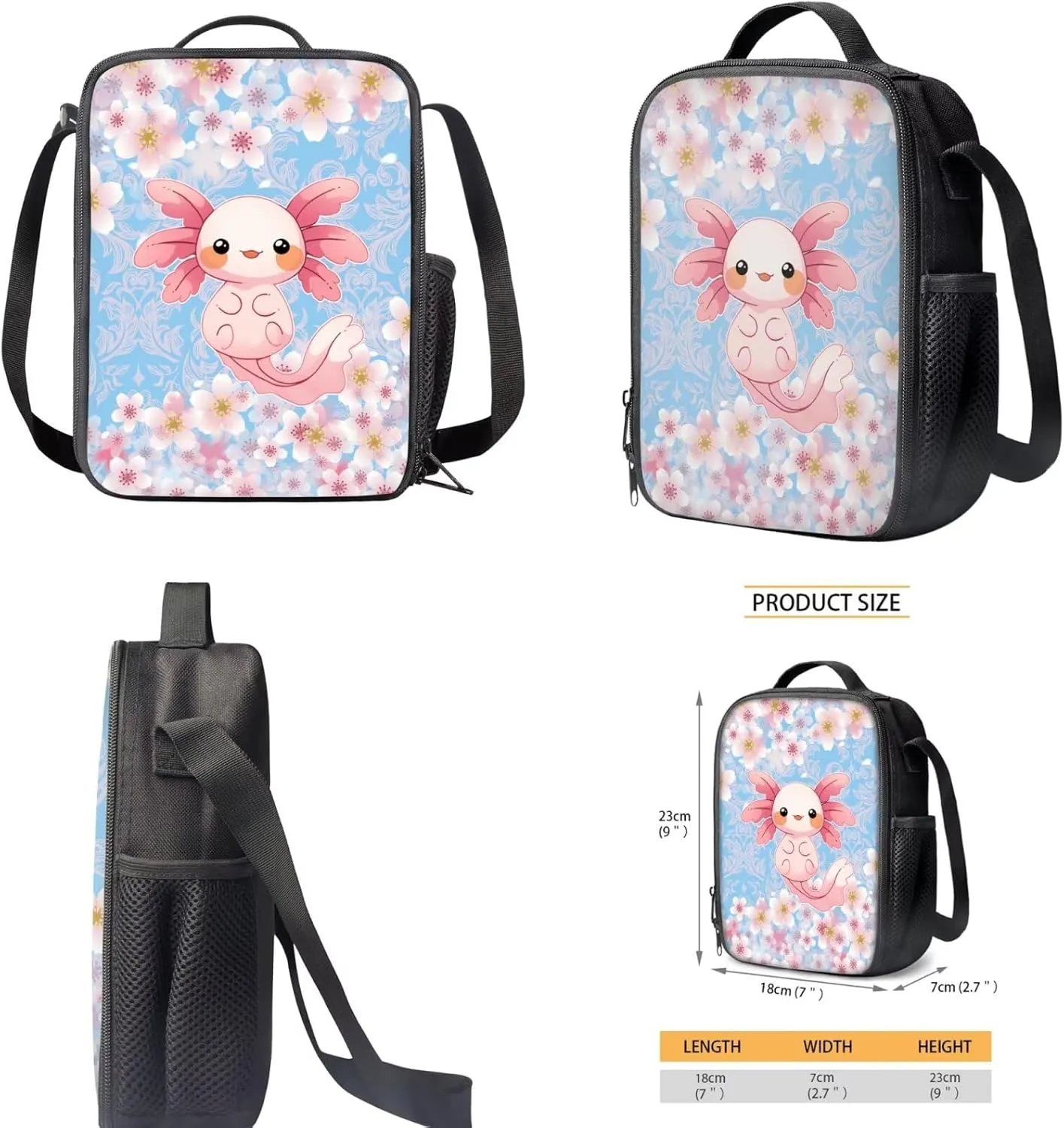 Axolotl Backpack and Lunch Box for Girls 3-4/5-6/6-8 Cherry Blossom Bookbags for 1st Grade Preppy Elementary School Book Bags Lunchbox Pencil Case Kids Back Pack Lunch Bag Set Schoolbag