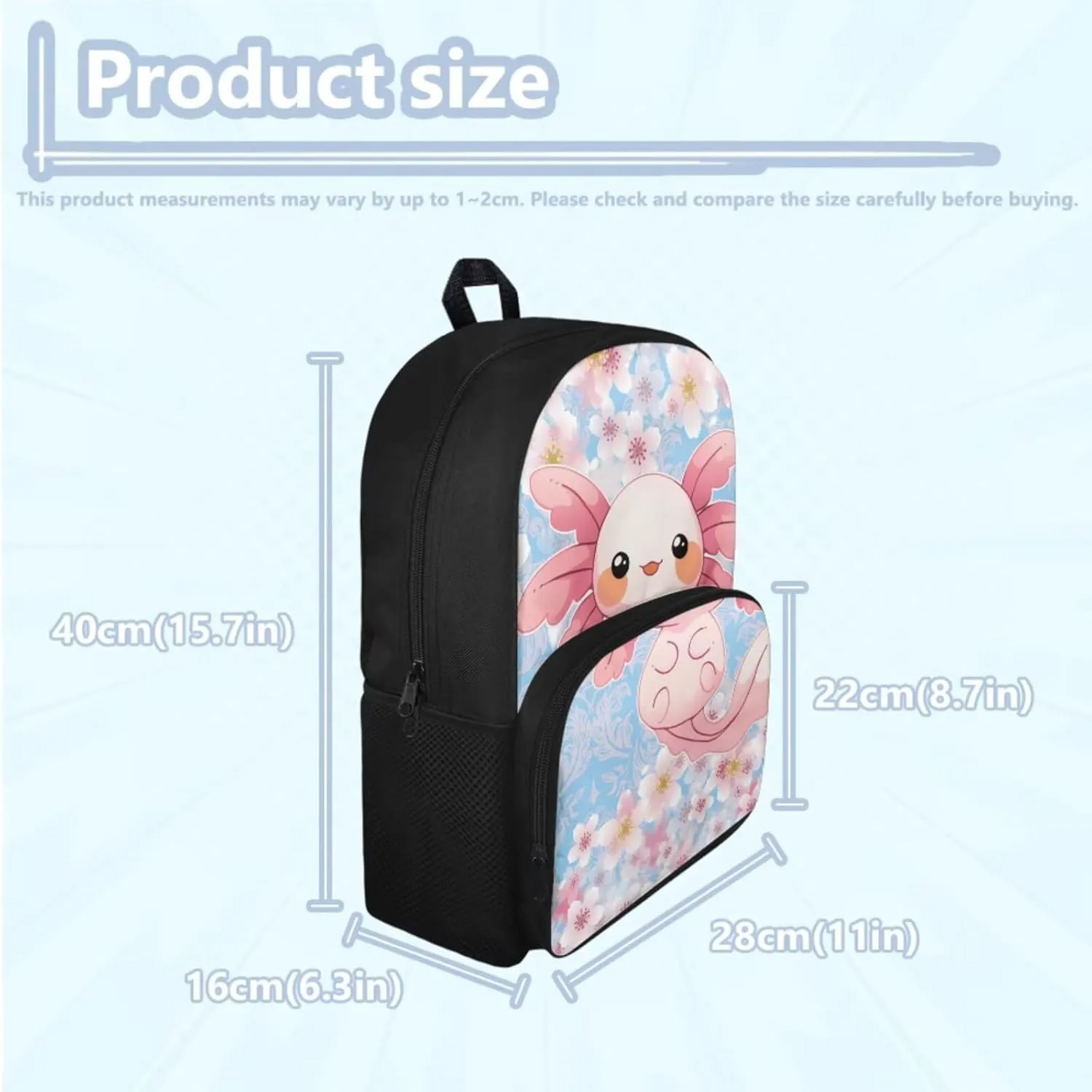 Axolotl Backpack and Lunch Box for Girls 3-4/5-6/6-8 Cherry Blossom Bookbags for 1st Grade Preppy Elementary School Book Bags Lunchbox Pencil Case Kids Back Pack Lunch Bag Set Schoolbag