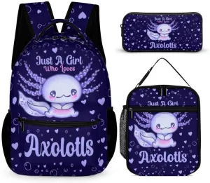 Axolotl Backpack with Lunch Box & Pencil Case for Kids Girls Boys School, 16 Inch Cute Axolotls Bookbag, School Backpack for Students Children, Lightweight, Large Capacity