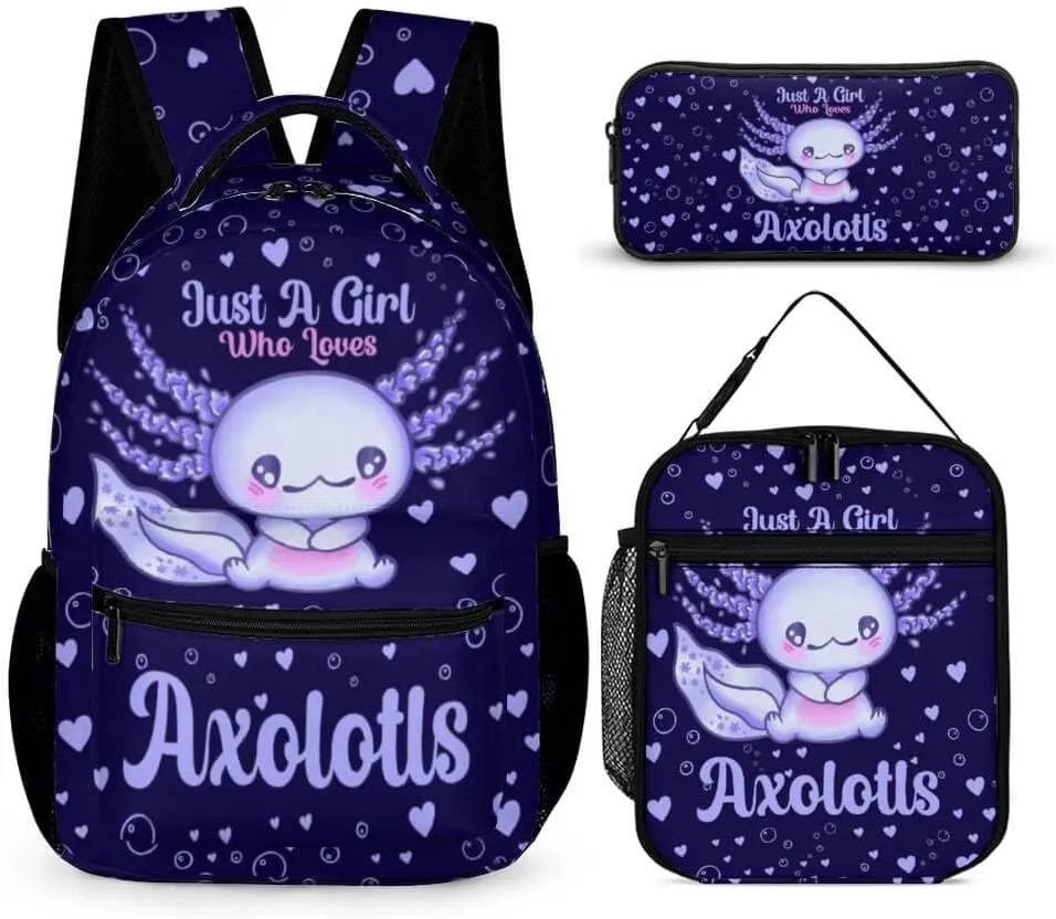 Axolotl Backpack with Lunch Box & Pencil Case for Kids Girls Boys School, 16 Inch Cute Axolotls Bookbag, School Backpack for Students Children, Lightweight, Large Capacity