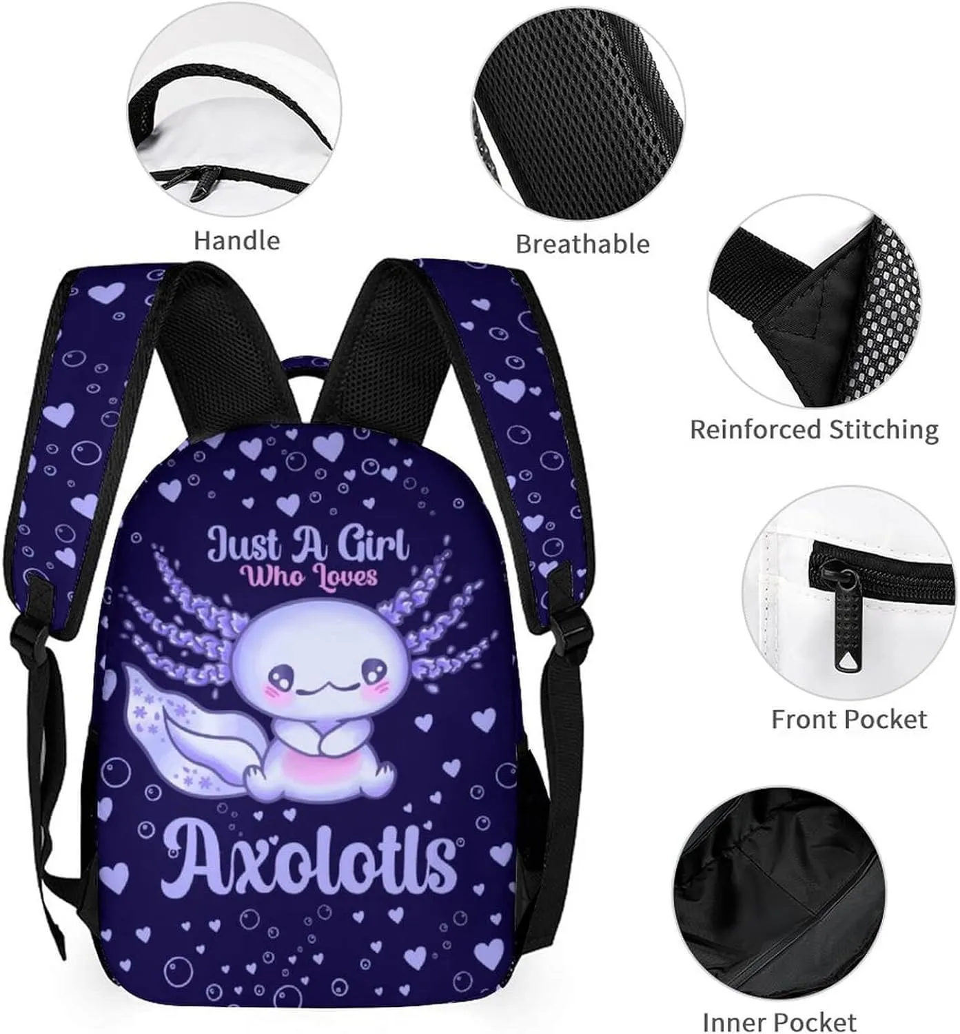 Axolotl Backpack with Lunch Box & Pencil Case for Kids Girls Boys School, 16 Inch Cute Axolotls Bookbag, School Backpack for Students Children, Lightweight, Large Capacity