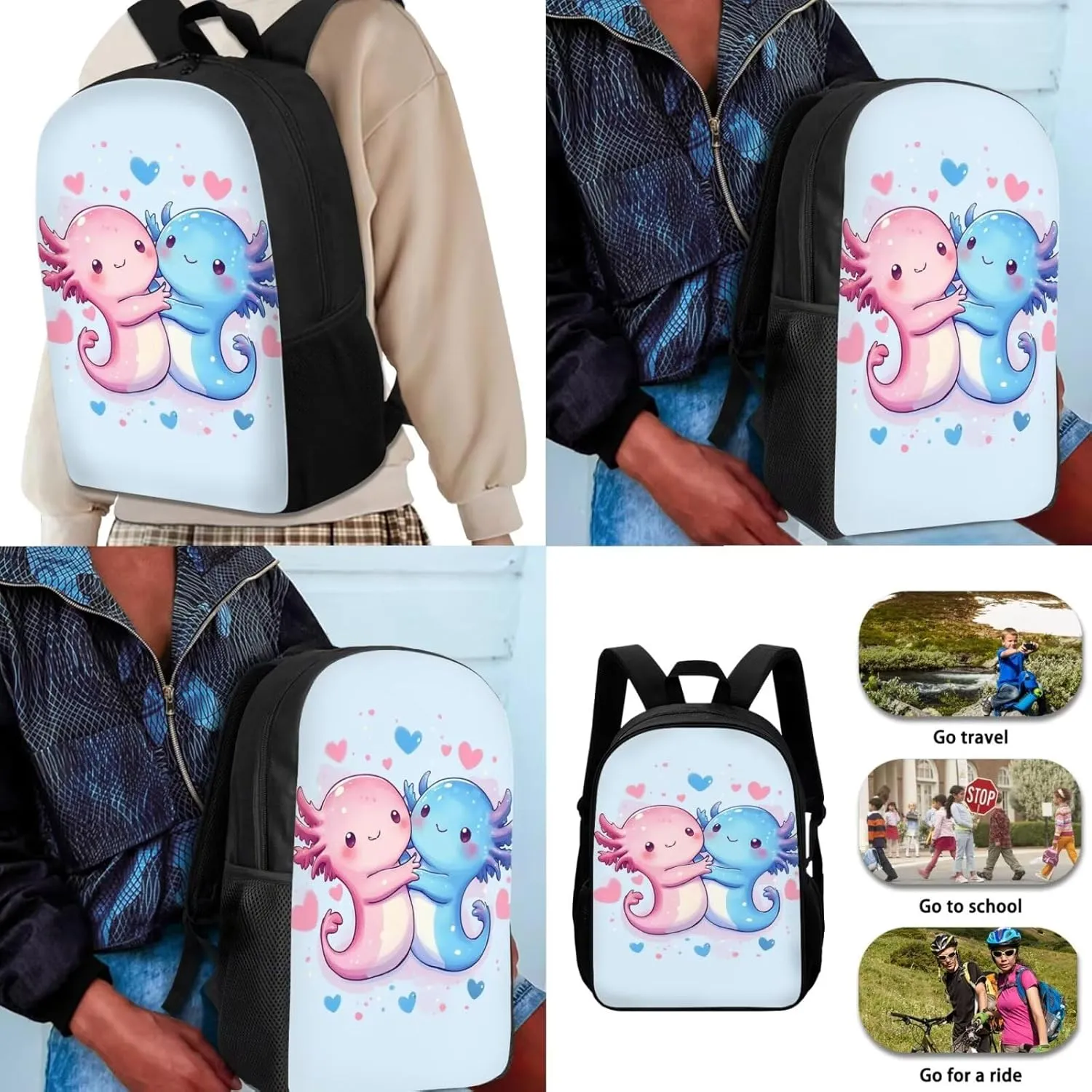 Axolotl Backpack with Lunch Box Kids Girls 4-6/6-8/8-10 Heart Kids Bookbags for 2nd Grade Lunchbox Set Elementary School Back Pack Lunch Bag Pencil Case 17in Book Bags Lunch Bag Schoolbag