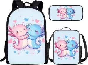 Axolotl Backpack with Lunch Box Kids Girls 4-6/6-8/8-10 Heart Kids Bookbags for 2nd Grade Lunchbox Set Elementary School Back Pack Lunch Bag Pencil Case 17in Book Bags Lunch Bag Schoolbag