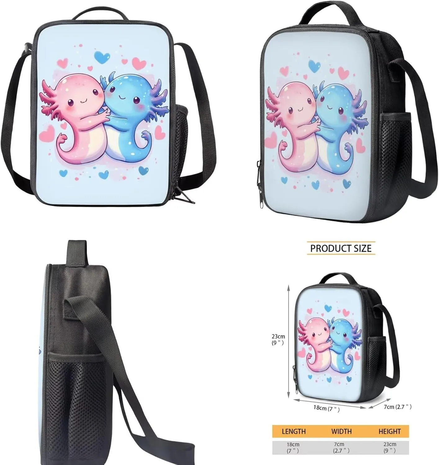 Axolotl Backpack with Lunch Box Kids Girls 4-6/6-8/8-10 Heart Kids Bookbags for 2nd Grade Lunchbox Set Elementary School Back Pack Lunch Bag Pencil Case 17in Book Bags Lunch Bag Schoolbag