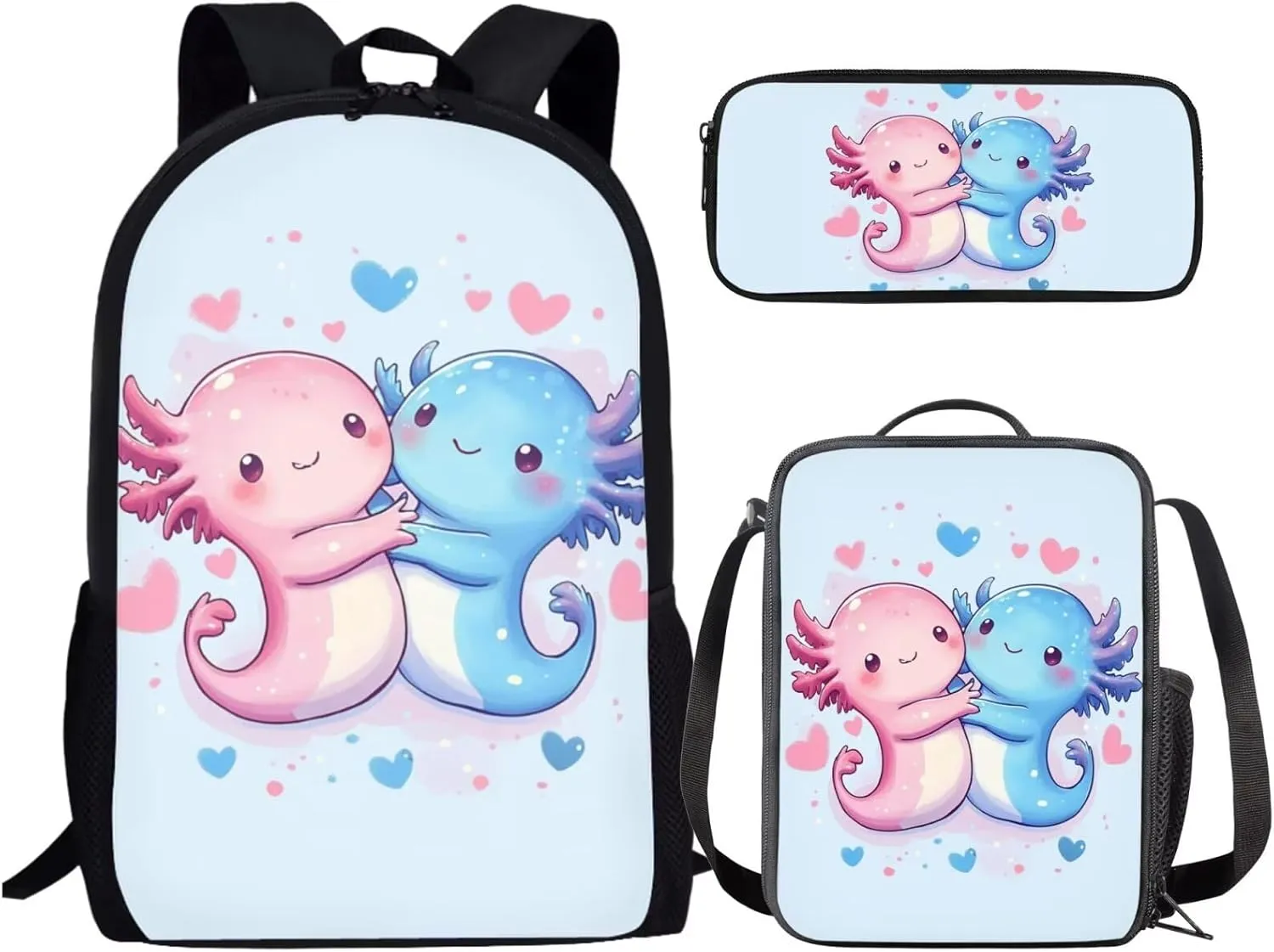 Axolotl Backpack with Lunch Box Kids Girls 4-6/6-8/8-10 Heart Kids Bookbags for 2nd Grade Lunchbox Set Elementary School Back Pack Lunch Bag Pencil Case 17in Book Bags Lunch Bag Schoolbag