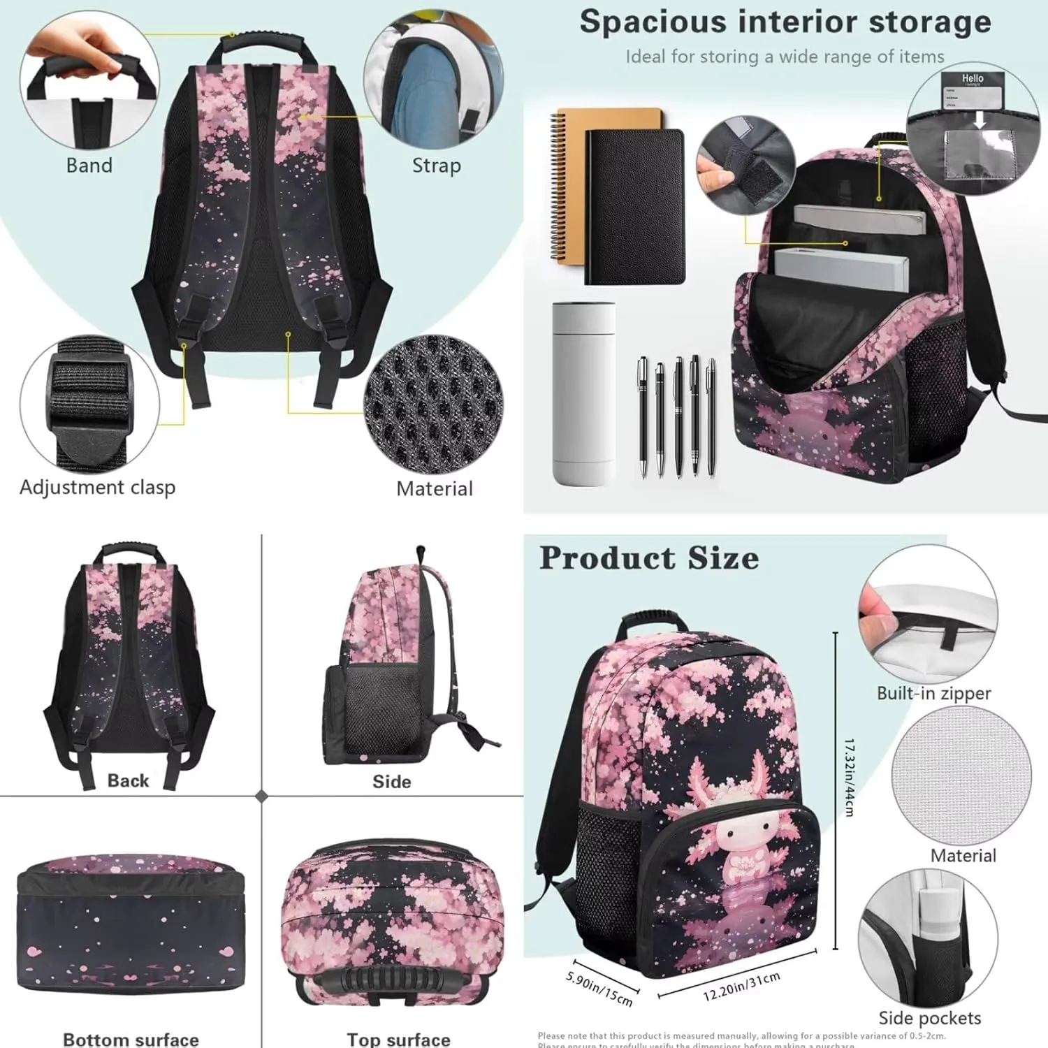 Axolotl Cherry Blossom 17 Inch Laptop Bookbag 3-Piece Girls Backpack Kit with Lunch Box & Pencil Pouch Trendy School Bag Set for Teens Back to School Gifts for Kids