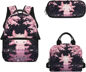 Axolotl Cherry Blossom 17 Inch Laptop Bookbag 3-Piece Girls Backpack Kit with Lunch Box & Pencil Pouch Trendy School Bag Set for Teens Back to School Gifts for Kids