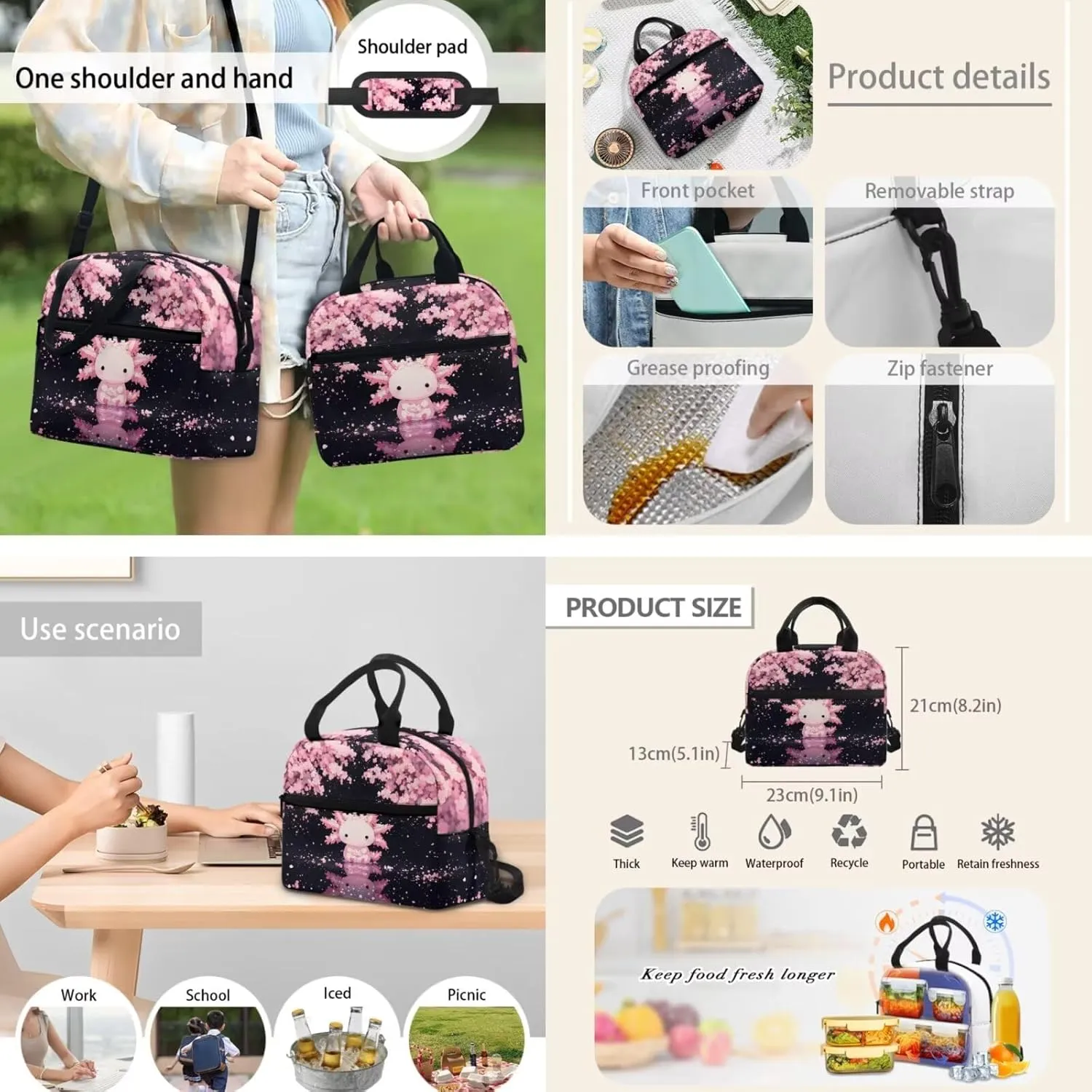 Axolotl Cherry Blossom 17 Inch Laptop Bookbag 3-Piece Girls Backpack Kit with Lunch Box & Pencil Pouch Trendy School Bag Set for Teens Back to School Gifts for Kids