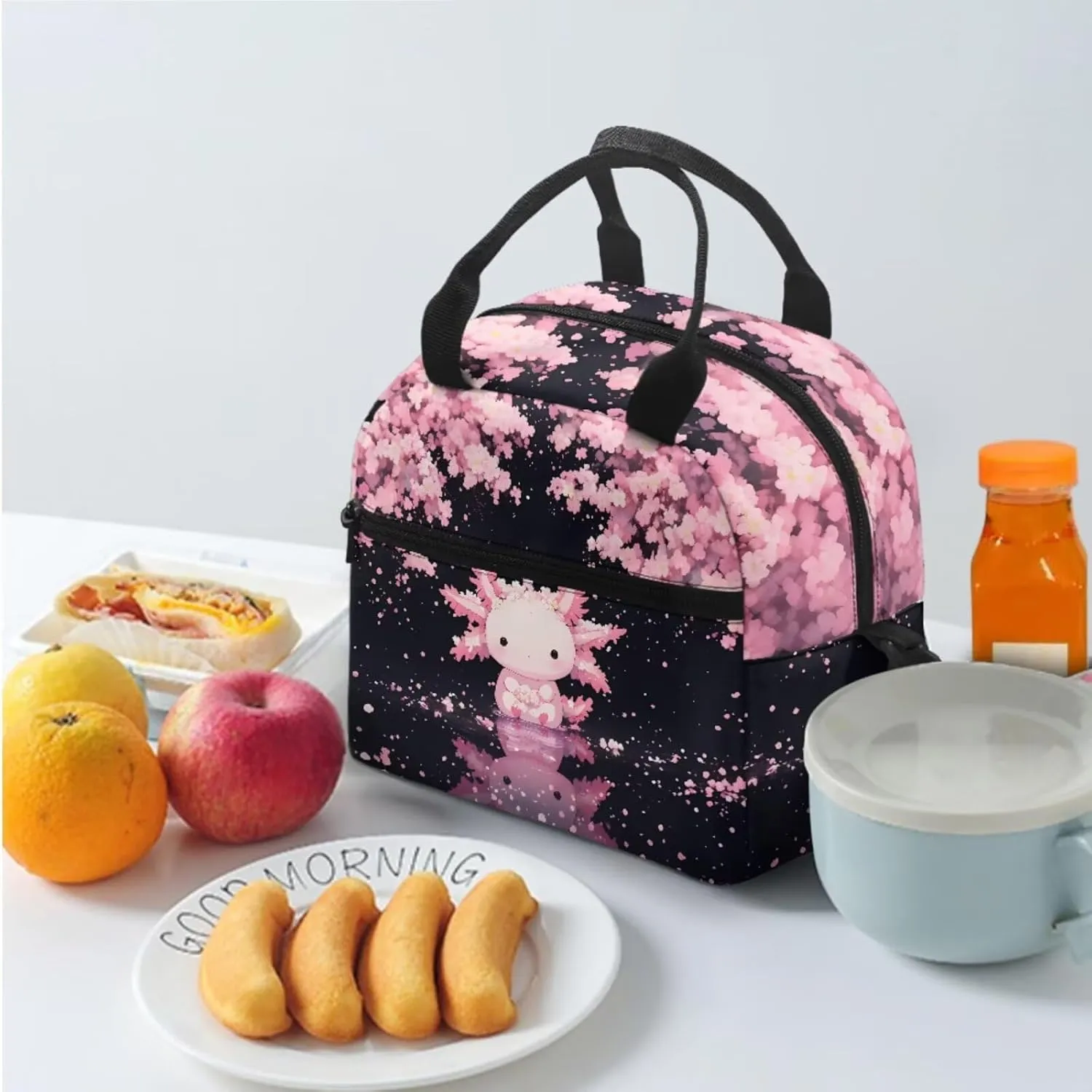 Axolotl Cherry Blossom 17 Inch Laptop Bookbag 3-Piece Girls Backpack Kit with Lunch Box & Pencil Pouch Trendy School Bag Set for Teens Back to School Gifts for Kids