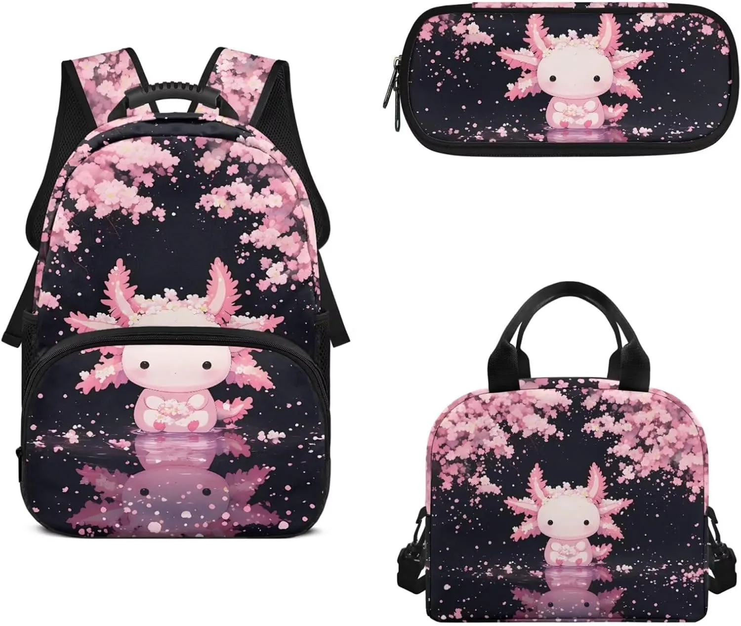 Axolotl Cherry Blossom 17 Inch Laptop Bookbag 3-Piece Girls Backpack Kit with Lunch Box & Pencil Pouch Trendy School Bag Set for Teens Back to School Gifts for Kids