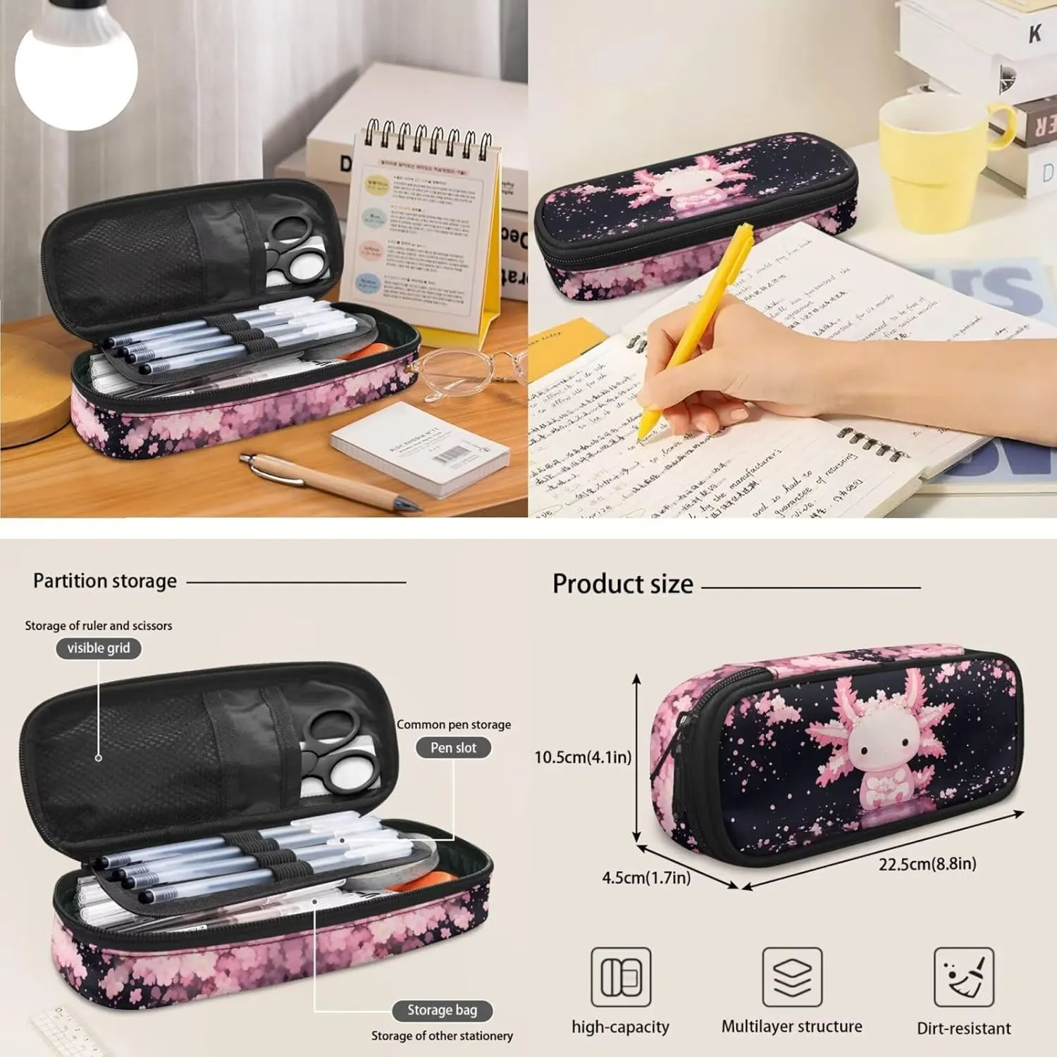 Axolotl Cherry Blossom 17 Inch Laptop Bookbag 3-Piece Girls Backpack Kit with Lunch Box & Pencil Pouch Trendy School Bag Set for Teens Back to School Gifts for Kids