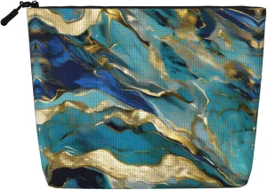 Azurite Teal and Foil Gold Oil Marble Pattern Print Single-layer Makeup Bag Waterproof Travel Cosmetic Organizer Large Capacity