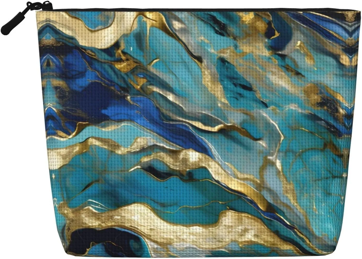 Azurite Teal and Foil Gold Oil Marble Pattern Print Single-layer Makeup Bag Waterproof Travel Cosmetic Organizer Large Capacity