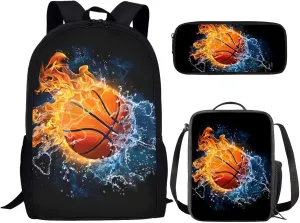 Babrukda Basketball Print Student Book Bag with Lunch Box Pencil Bag 3 Pieces Kids School Bookbag Set for Primary Middle Girls Boys Casual Backpack for Camping Dating Hiking Back to School Supplies