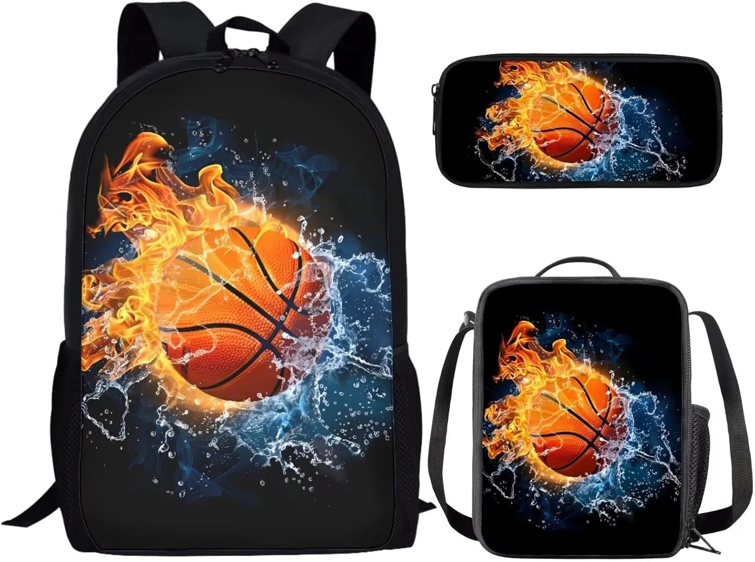 Babrukda Basketball Print Student Book Bag with Lunch Box Pencil Bag 3 Pieces Kids School Bookbag Set for Primary Middle Girls Boys Casual Backpack for Camping Dating Hiking Back to School Supplies