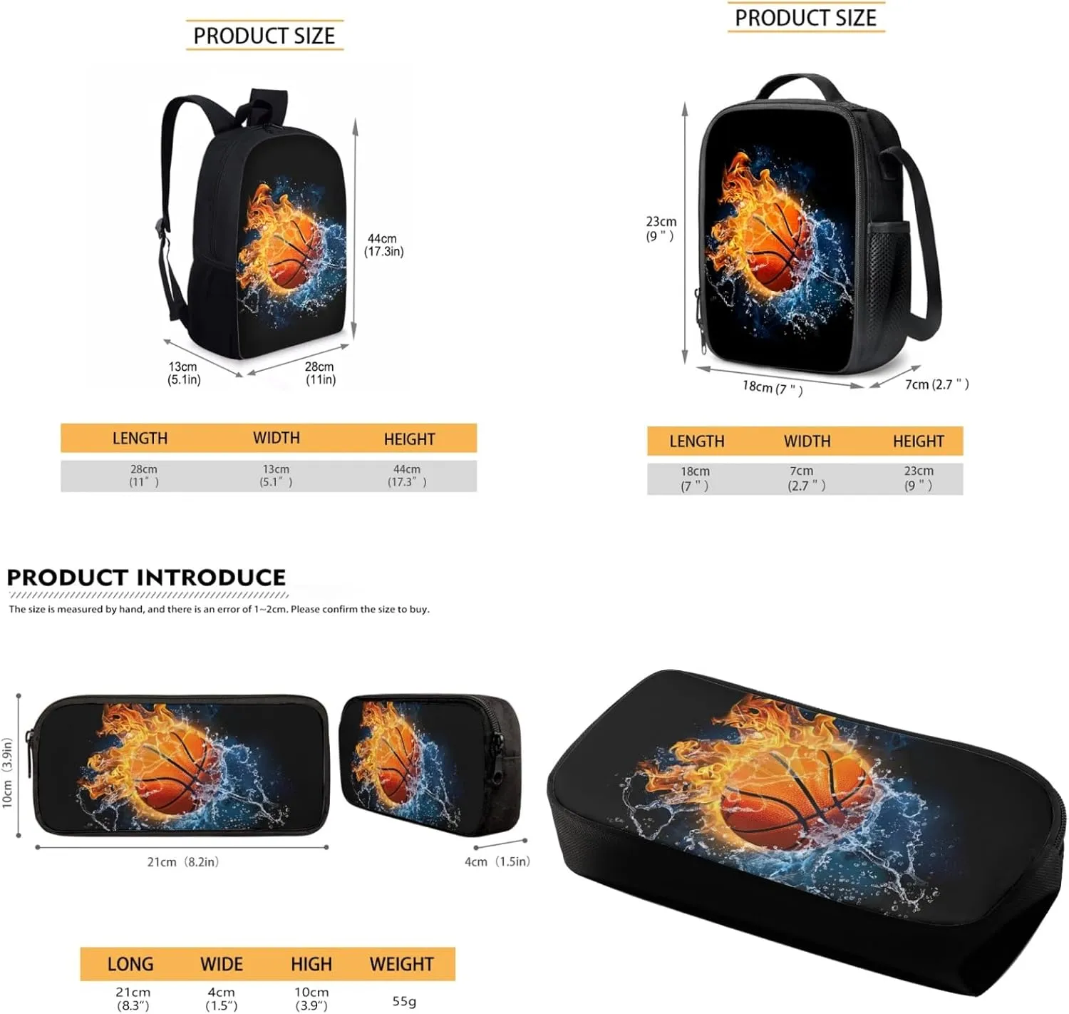 Babrukda Basketball Print Student Book Bag with Lunch Box Pencil Bag 3 Pieces Kids School Bookbag Set for Primary Middle Girls Boys Casual Backpack for Camping Dating Hiking Back to School Supplies