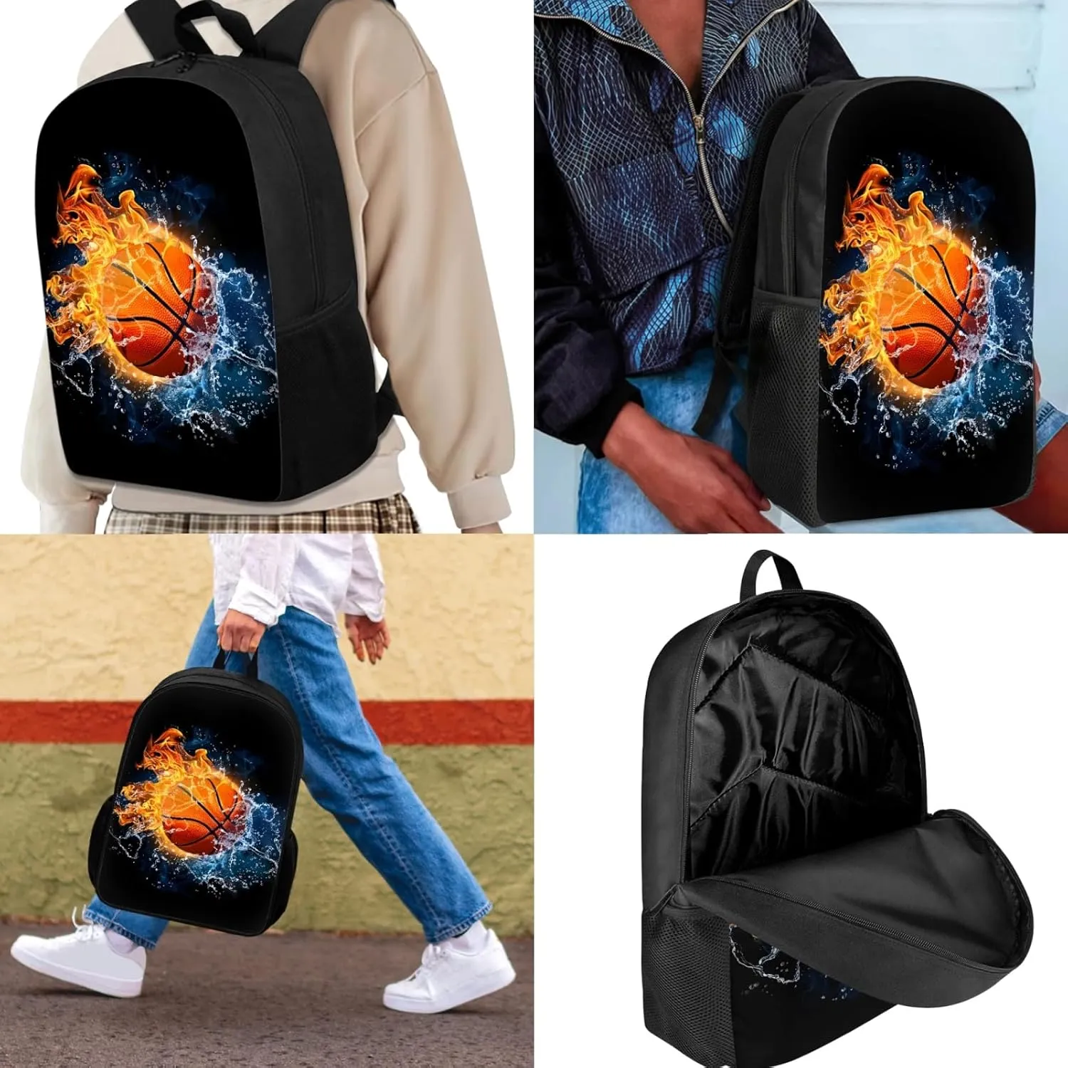 Babrukda Basketball Print Student Book Bag with Lunch Box Pencil Bag 3 Pieces Kids School Bookbag Set for Primary Middle Girls Boys Casual Backpack for Camping Dating Hiking Back to School Supplies