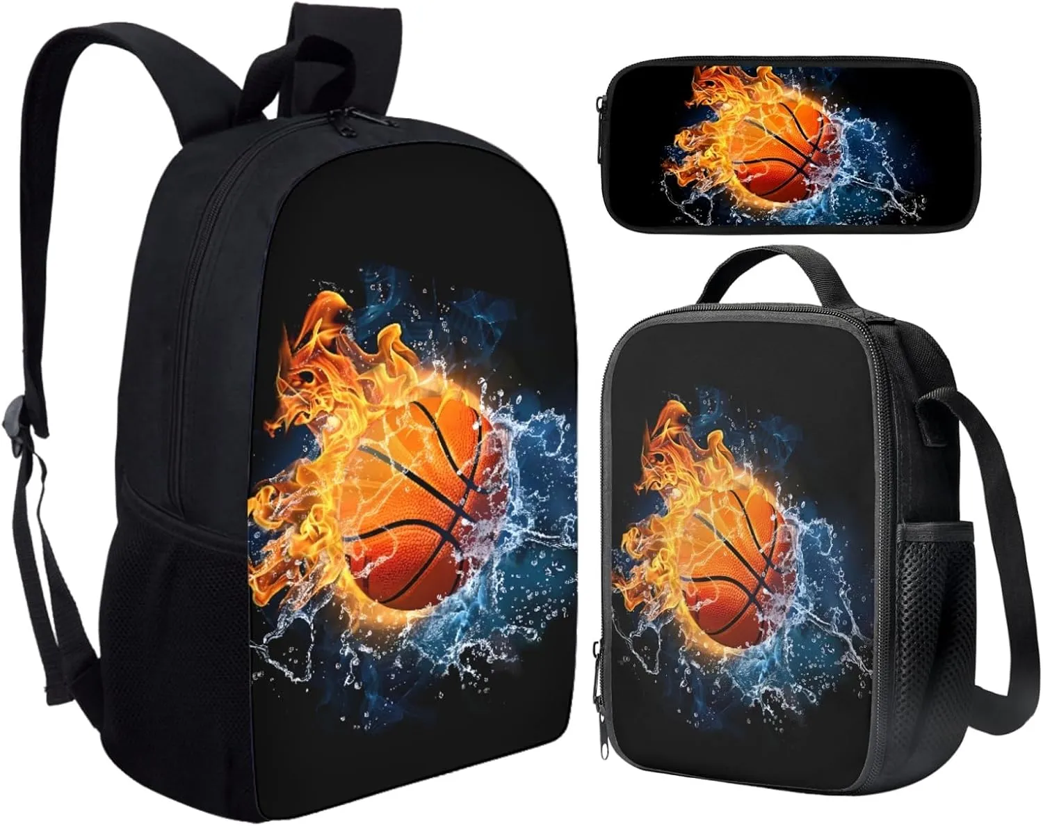 Babrukda Basketball Print Student Book Bag with Lunch Box Pencil Bag 3 Pieces Kids School Bookbag Set for Primary Middle Girls Boys Casual Backpack for Camping Dating Hiking Back to School Supplies