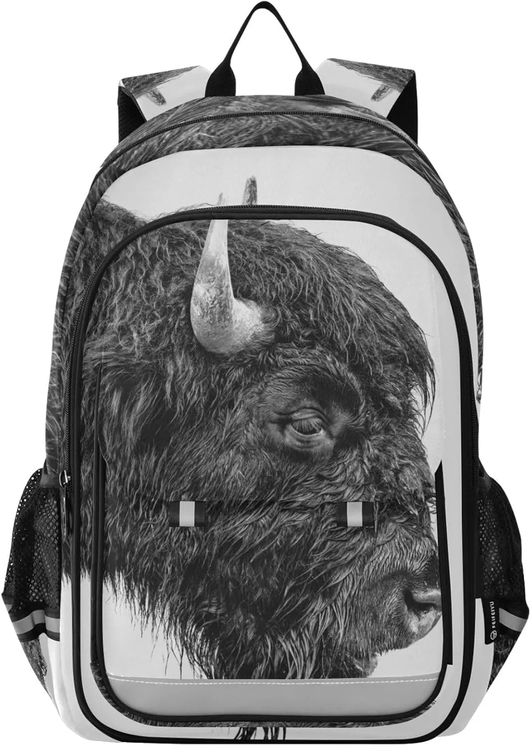 Backpack Bison Portrait Black White Travel Laptop Daypack Shoulder Bag Book Bag Daypack with Reflective Strip 12.9 ×17.7 In